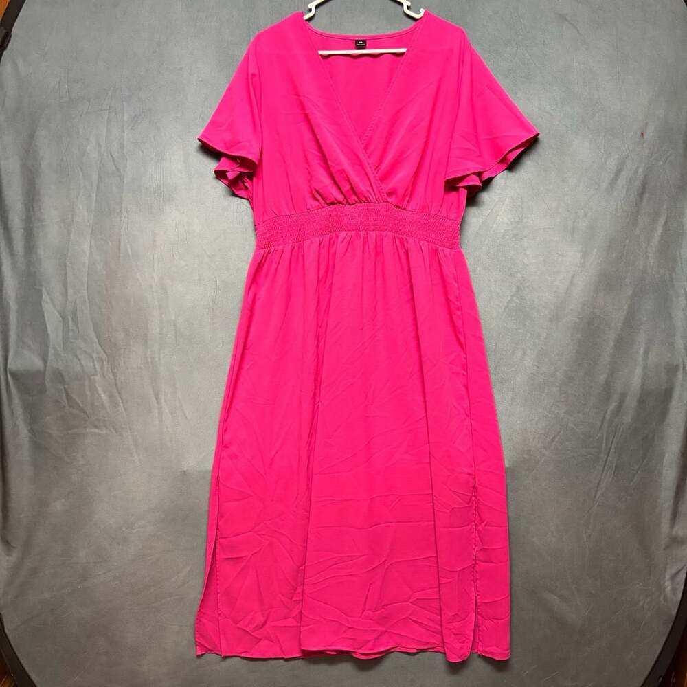 Shein Maxi Dress Size 1XL Fuchsia V-Neck Smocked Waist Ruffle Sleeve